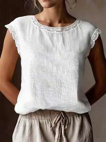 Women's Lace Trim Summer Tops Fashionable Casual Cap Sleeve Crew Neck Loose Fit Linen T Shirt - trắng - Xem 2