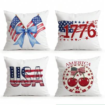 4pcs American Independence Day Themed Pillow Covers, Single-Sided Printed Cushion Covers, Suitable For Living Room, Bedroom, Home Decor, All Seasons