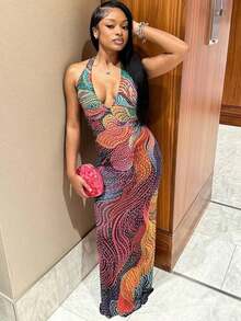 Women's Sequin Halter Dress, Fashion Party Wear Harlem Nights Women Dress Sequin Women Colorful Dresses Sequence Dress Gowns Glamorous Dress Women's Nightclub Party Christmas Ball Gown Wedding Guest Clothing Under Graduation Gown Outfit Floral Print Maxi Dress - 彩色 - 查看 3