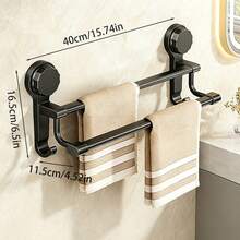 1Pc No Drill Suction Cup Double Towel Bar, 2-Tier Black Carbon Steel Plastic Bathroom Towel Rack With Hooks, Easy To Install & Remove, Multifunctional Organizer For Towels, Slippers, Utensils, Ideal For Bathroom, Kitchen, Balcony, - Multicolor - View 13