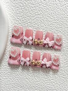 10Pcs Blending French Style Polygel Nail Set,Acrylic Press-On Nails,Openwork Heart Pink Bow Cute Leopard-Print Bow Adorned  Small White Flowers, Pearls, Diamonds,Comes With Nail Tools(1 Sheets Jelly Stickers+1PC Nail File)3 Sizes Available,Almond Nails, Duck Nails,Coffin Nail,Suitable For Daily, Dining Dates Leisure Entertainment,Travel Photography,Spring Summer,Commute Supplies Nails - 彩色 - 查看 16