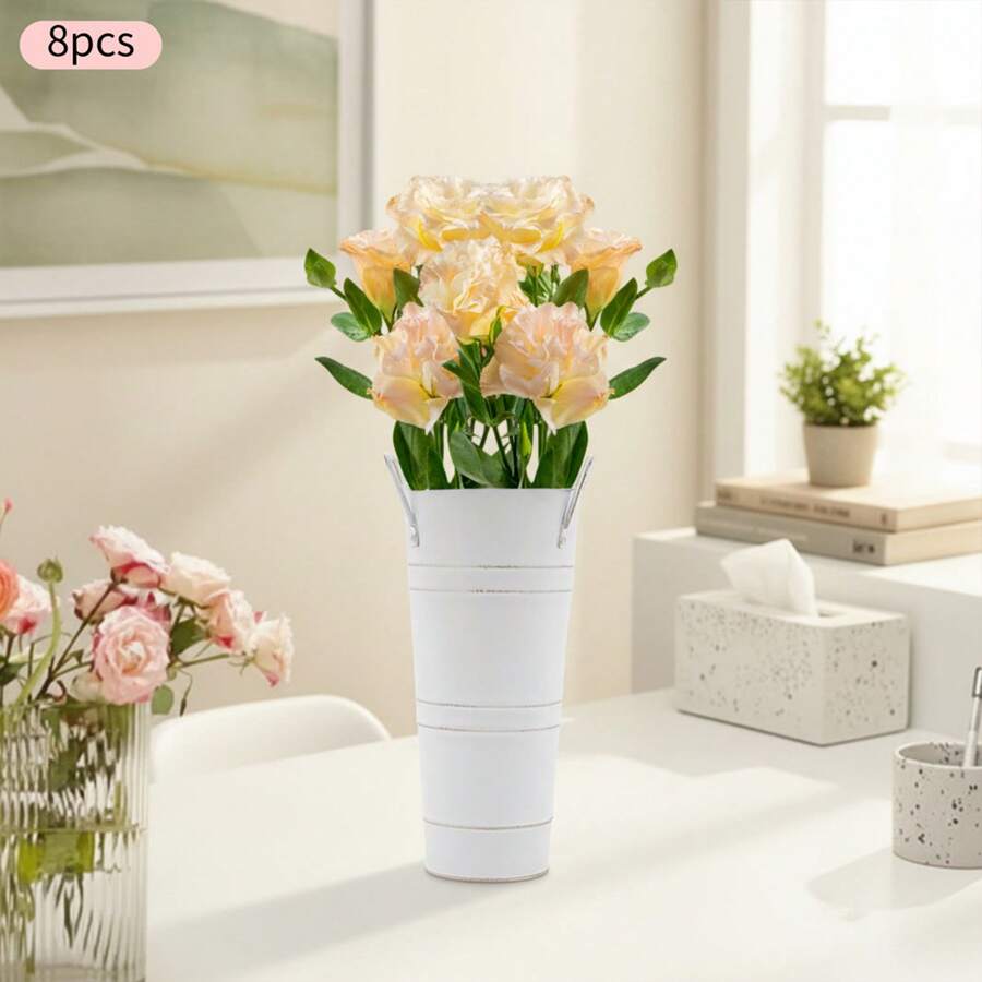 8Pcs White Metal Flower Buckets, Flower Display Buckets, Wedding Flower Display Buckets, Galvanized Metal Vases, 10 Inches Flower Vase With Handles, French Flower Bucket, Rustic Farmhouse Vases For Home Decor Wedding Table Centerpiece - A - 查看 1