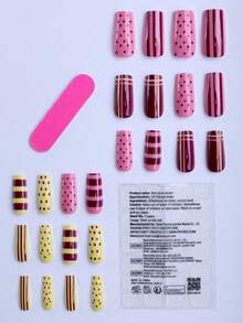 24pcs Rectangular Acrylic Nail Art Stickers - "Dopamine" Color Block Polka Dot Design With Pink, Brown And Yellow Stripes, Multipurpose Set. Reusable Detachable False Nails Suitable For Daily Wear And Parties. Includes Gel Stickers (1 Sheet) And Nail File (1 Pc) - Multicolor - View 3