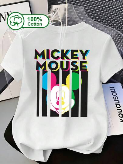  Disney Women's Casual Everyday 100% Cotton Short-Sleeve T-Shirt, Featuring A Mickey Head And Colorful Stripe Pattern Print, Suitable For Daily Outings, Campus, Music Festivals, And Gatherings. Summer Clothing, Mickey Pattern Printed T-Shirt