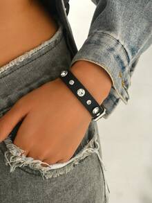 1pc Women's Punk Style Dark Leather Wrapped Rivet Bracelet, Street Fashion Suitable For Daily Wear And Parties - Multicolor - View 17