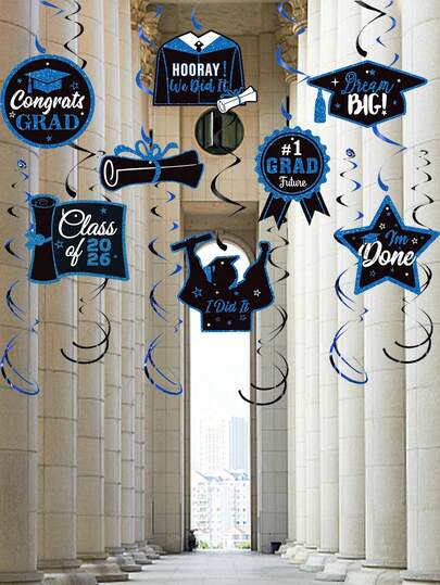 14pcs/Set 2026 Graduation Season Blue Spiral Hanging Decorations, Suitable For Graduation Party Decor