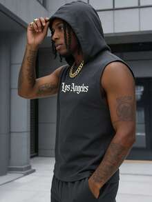 洛杉矶城市雄狮图案无袖背心，男士深灰色连帽休闲背心，复古字体印花设计，透气舒适夏季街头服饰 - 灰色 - 查看 5