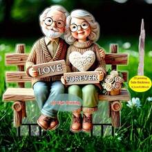 2D Flat, 1pc Romantic Grandparents Sitting On Bench Plastic Garden Decor, Suitable For Lawn, Planter, Patio Decoration, Thanksgiving Decor, Ideal Gift For Elders - A - View 5