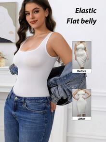 1件装女士无袖针织背心，修身基本款休闲日常穿着，无缝压缩上衣，女士无缝白色塑身衣，收腹提臀，收腹塑形 - 白色 - 查看 4