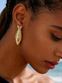 1 par de pendientes de lujo con colgante de pez de la serie oceánica minimalista y de moda, adecuados para vacaciones en la playa con estilo bohemio - Pescado B - Ver 1