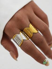 Frminee 2枚/1枚 粗款女士18K镀金不锈钢戒指，个性戒指饰品，防水可叠戴戒指 - 彩色 - 查看 3