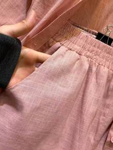 Linen Shirt And Shorts Set (2 Pieces), Lined With Elastic. - 西瓜粉 - 查看 3