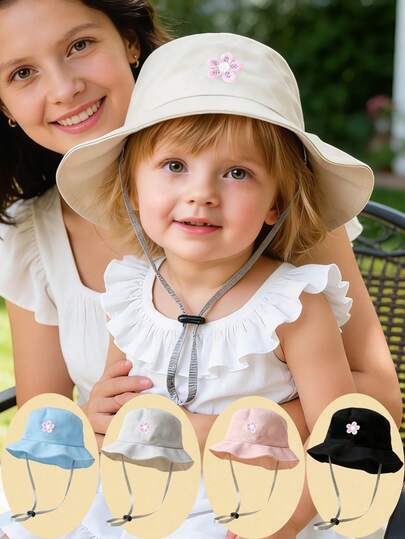Multi Colored Kid's Bucket Hat With Pink Floral Pattern, Spring And Summer Sun Protection Hat, Adjustable Headband, Suitable For Outdoor Hiking, Camping, Beach, Street Wear And Family Travel, Suitable For Aged 0-3Y