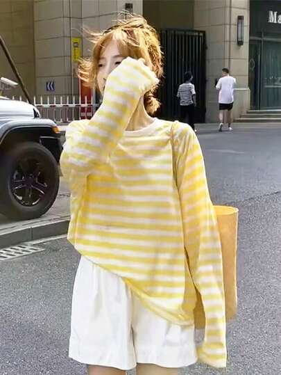 撞色条纹长袖T恤，女士休闲宽松轻薄防晒罩衫，春夏款