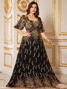 SUPGIR Plus 女士【随机裁剪】方领泡泡袖窄腰印花雪纺气质正式晚礼服 - 彩色 - 查看 6