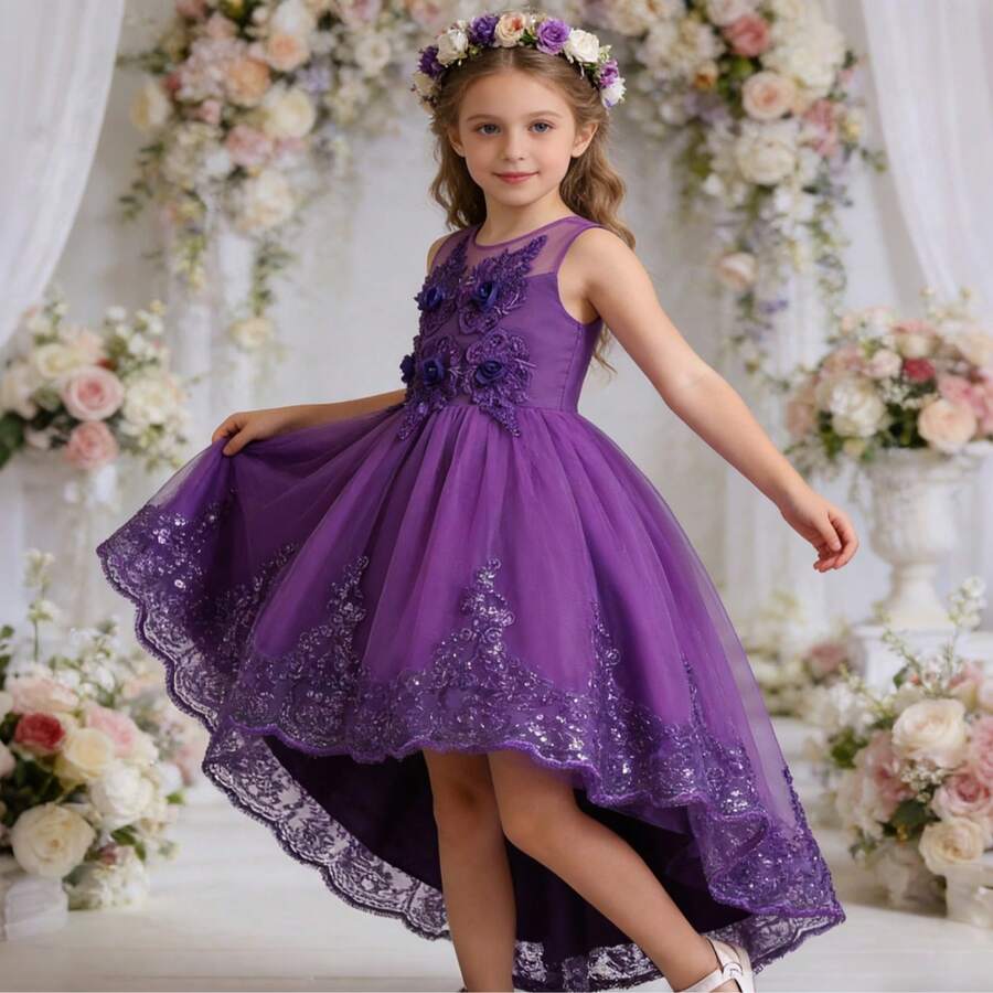 女童无袖网眼公主拖尾连衣裙，儿童派对礼服 - 紫色 - 查看 1