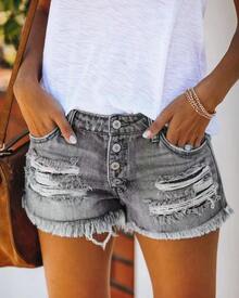 2026 Women Denim Shorts High Waist Ripped Jeans With Tassel Decoration Straight Buttons European American Style Summer Casual Fashion - Xám - Xem 10