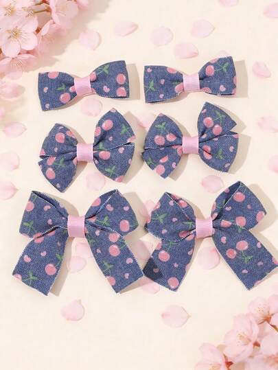 6PCS Blue Fabric Hair Bows For Girls Sweet Cherry Pink Hair Clips Cute Nature Style Alligator Clips Hair Barrettes For Spring Outfits And Casual Daily Wear Headdress Teens Hair Accerssories