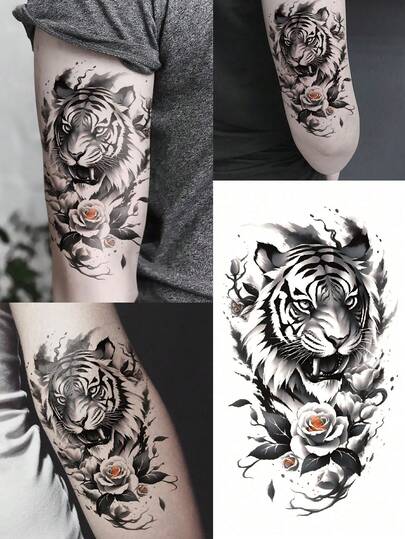 1 Tatuaje temporal de gran tamaño para pintura corporal, unisex, estilo de tinta negra con patrón de tigre y patrón de rosa, tatuaje simulado impermeable que dura de 2 a 5 días, puede cubrir cicatrices, se puede usar en brazos, muñecas, hombros, piernas, cintura, cuello, manos, pecho, muslos, dedos, tobillos y otras partes, adecuado para fiestas, regalos, vacaciones, decoración corporal y otras ocasiones.