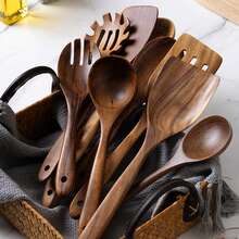 Set de 9 piezas de utensilios de cocina de madera de palo de rosa, espátula de madera, cucharón de sopa, herramientas para utensilios de cocina antiadherentes - Marrón - Ver 5