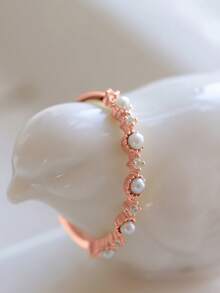 BALMORA 1枚S925纯银极简珍珠戒指，女士小巧精致立方氧化锆镀金戒指 - 玫瑰金 - 查看 5