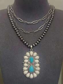 1pc Western Cowgirl Style Layered Necklace, Alloy Inlaid Turquoise Pendant, Suitable For Daily Wear And Parties - Turquoise Necklace - View 5