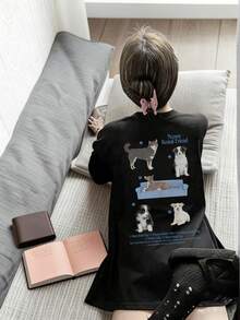 女士宽松圆领短袖T恤，饰有小狗字母印花，春夏休闲黑色 - 黑色 - 查看 2