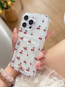 可爱甜美樱桃图案印花卡槽手机壳，兼容 11/17/17pro/13/14/15/15pro/15 Plus/15 Promax/16/16pro/16plus/16promax/7plus/8plus/X/Xs Max/Xr/17Air/12pro/13pro/14pro/17Promax/13mini/11promax/12promax/13promax/14promax/14plus/6/6s/6plus/7/8/SE/17proMax，透明卡槽保护套 - 彩色 - 查看 2