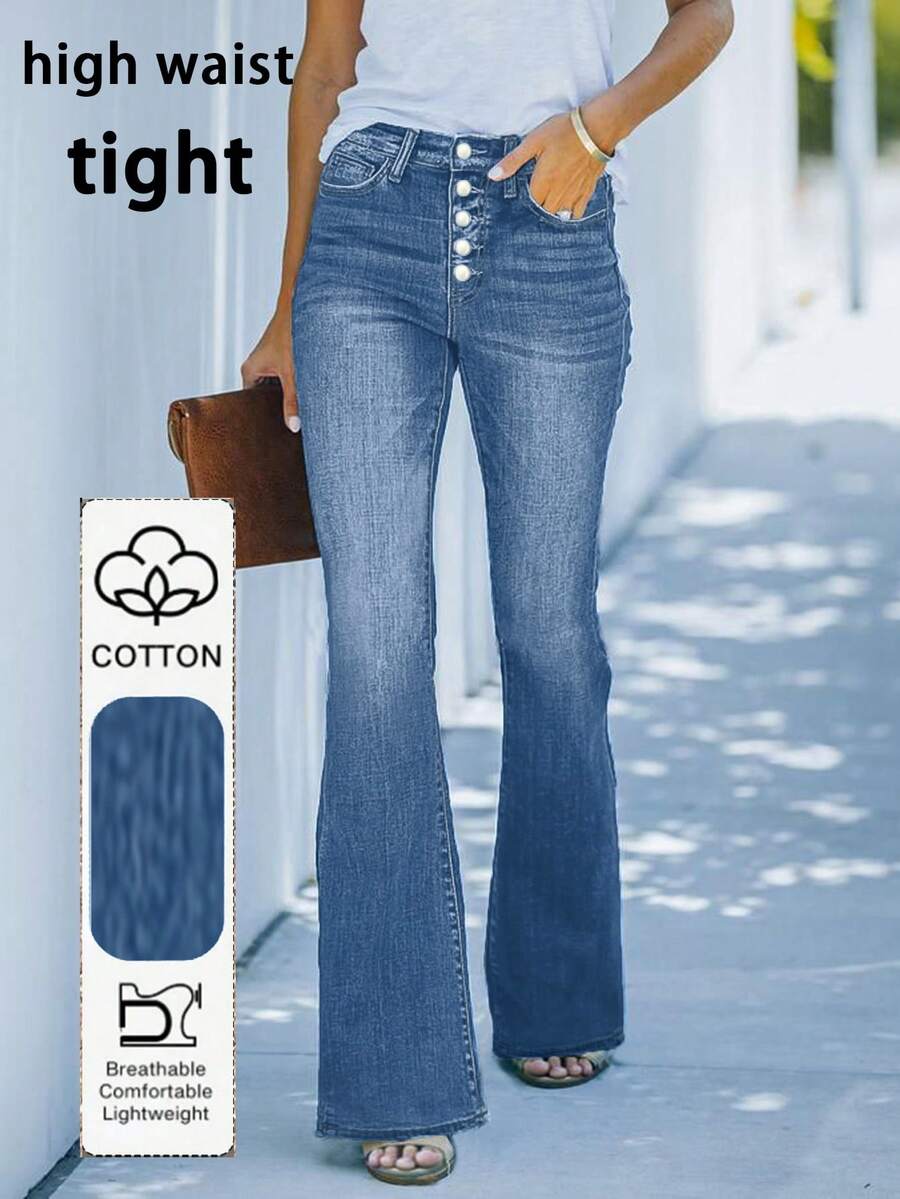 Women's Casual Personalized Multi-Button Slim Fit Flare Jeans Spring - Dark Wash - View 1