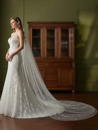 1pc 3 Meters Long Pearl & Rhinestone Decorated Bridal Veil, Elegant Minimalist Design, Suitable For Cathedral Wedding Ceremony