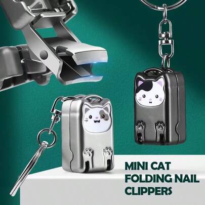 1pc Cute Mini Cat Folding Nail Clipper Set, Stainless Steel Blade Cartoon Cat Design With Hanging Hook, Splash-Proof, Suitable For Trimming Fingernails And Toenails, Durable And Sharp, Ideal For Travel, Daily Grooming, Gift For Women And Girls