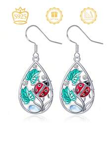 Bông tai mặt dây chuyền nữ thanh lịch, dễ thương, ngọt ngào, tinh tế, đính đá mặt trăng nhân tạo, họa tiết bọ rùa và lá cây, ít gây dị ứng, phù hợp để đeo hàng ngày, dự tiệc, du lịch, hẹn hò, lễ hội, cũng có thể dùng làm quà tặng. - Bạc - Xem 3