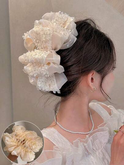 1 pieza Clip de pelo con lazo de múltiples capas, estilo de moda para mujer, gran agarre en la parte posterior de la cabeza, nuevo accesorio para el cabello con flor de encaje, para accesorios de verano y playa