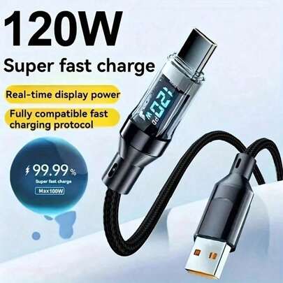 كابل USB A إلى نوع C شحن فائق السرعة مع شاشة عرض رقمية LED، سطح مطفي، مزامنة البيانات، نقل طاقة USB، تيار عالي 6A، متوافق مع 15/16، POCO