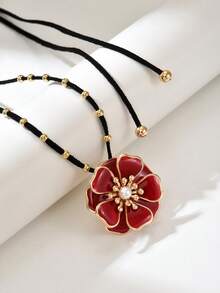 1 chiếc vòng cổ choker hoa men đỏ sang trọng dành cho nữ, kiểu dáng Châu Âu và Mỹ, dây nhung đính ngọc trai vàng, mặt dây chuyền độc đáo. - Vàng - Xem 2