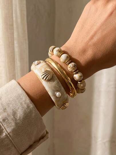 Set de 3 piezas de pulsera con cuentas de perlas de concha y resina, accesorios de muñeca con estilo bohemio exagerado y multicapa, adecuado para vacaciones, playa, fiesta, citas, regalo para novia