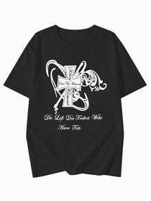 2026夏季新款圆领休闲宽松朋克风印花图案T恤，街头时尚学生日常通勤男女通用短袖T恤 - 黑色 - 查看 5