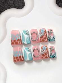 10pcs Y2K Style Acrylic Nail Art Kit, Includes Acrylic Nail Stickers, Hand-Painted Blue, Brown Stone Texture, Black Tree Branch Nail Decor, Blue 5-Petal Flower, Silver Steel Ball Nail Accessories, Blue Nail Polish, Comes With Nail Tools (1 Jelly Sticker + 1 Nail File) 3 Sizes Available: Almond, Duck Mouth, Coffin Press On Nails - 彩色 - 查看 17