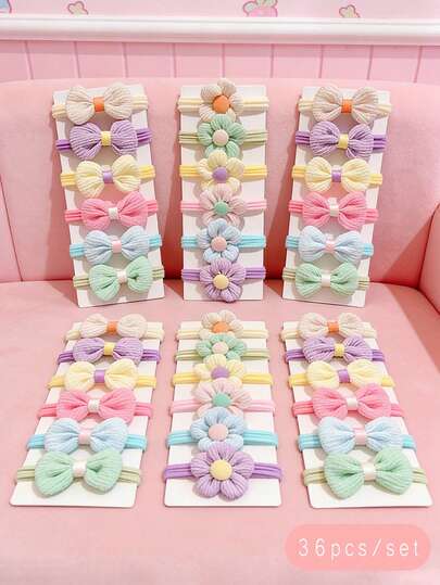 36件/套 新款甜美布艺花朵蝴蝶结弹力发圈套装，适合日常、上学、度假、生日礼物、派对、旅行、拍照，时尚可爱，是女孩的理想配饰。