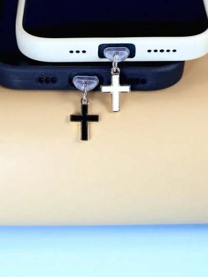 1pc Cross Shaped Dust Plug, Black & White, Phone Pendant Accessory, Couples Decoration, Type-C