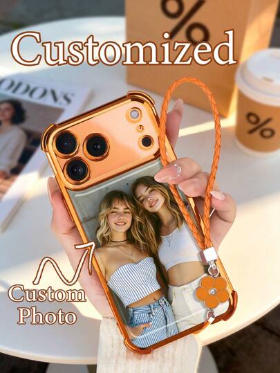 Customized Photo Phone Case With Lanyard, Orange Electroplated Shockproof Phone Cover, Suitable For IPhone 16/16 Pro/16 Plus/16 Pro Max/11/11 Pro/11 Pro Max/12/12 Pro/12 Pro Max/13/13 Pro/13 Pro Max/14/14 Plus/14 Pro/14 Pro Max/15/15 Plus/15 Pro/15 Pro Max/16e/17 Pro Max/17 Air/17 And Other Models, Essential Beach Accessory