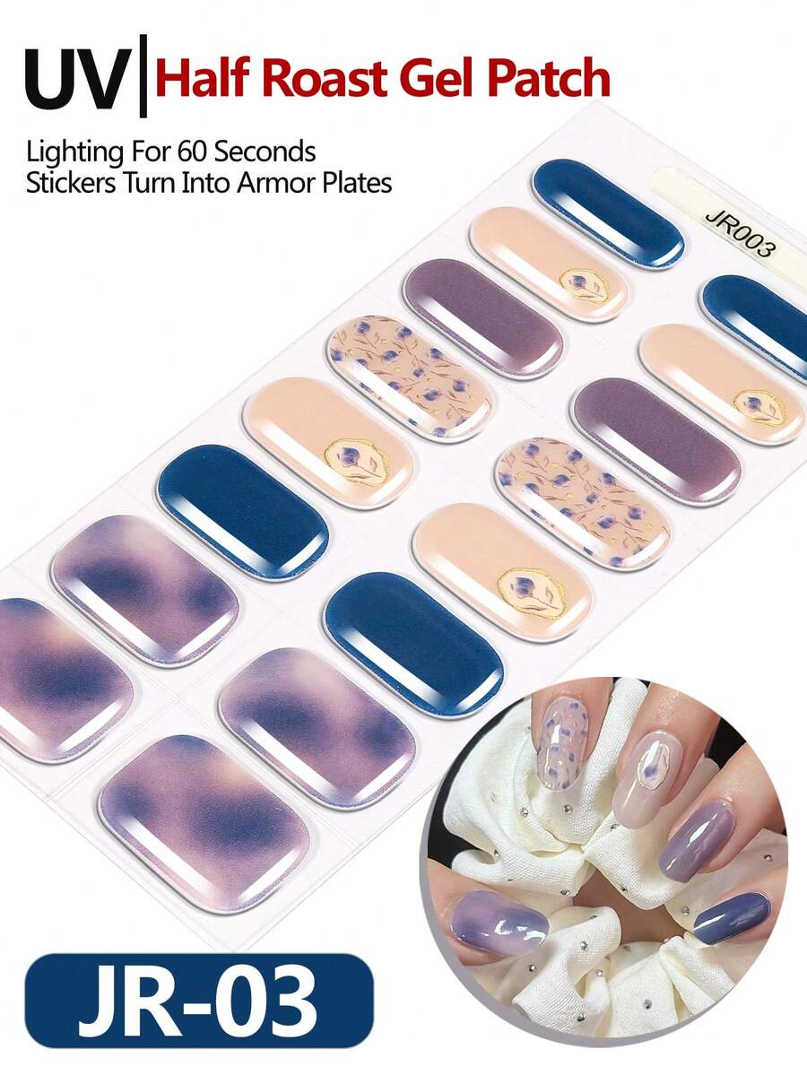 16片半固化凝胶美甲贴纸，金箔蓝百合花凝胶美甲贴，兼容任何UV灯，全甲覆盖，女性和女孩DIY礼物