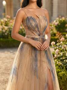 优雅女士无袖梭织长款派对连衣裙，露背高开衩设计，度假风情 - 杏色 - 查看 4