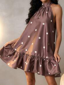 Women Summer Halter Neck Sleeveless Mini Dress Mock Neck Satin Ruffle Hem A Line Party Club Dresses - Brown - View 4