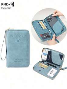 CHARM INFINITE Travel Passport Wallet RFID Blocking Creative Design Zipper Closure Multiple Card Slots Wrist Strap For Airplane Tickets Credit Cards Travel Organizer Beach Vacation Summer Gift - 淺藍色 - 查看 2