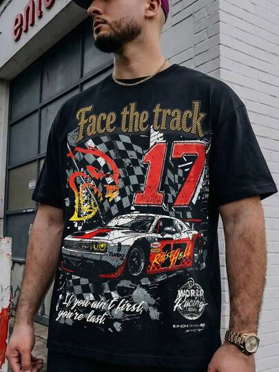  FRACTYR 男士街头风宽松T恤 “Face The Track” 赛车印花黑色嘻哈赛车风格短袖上衣