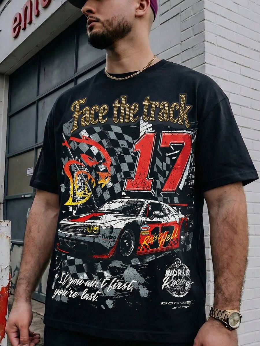 Áo thun nam dáng rộng phong cách đường phố FRACTYR "Face The Track" in hình xe đua, màu đen, kiểu hiphop, tay ngắn. - màu đen - Xem 1