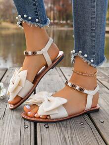 2026新款夏季薄荷芒果色水钻花朵弹力带舒适平底凉鞋，百搭沙滩鞋，大码 - 米色 - 查看 2