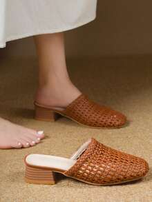 Giày sandal nữ mũi vuông dệt kim, giày cao gót màu nâu thanh lịch, giày đế dày rỗng thích hợp cho các buổi tiệc ngoài trời. - màu nâu - Xem 4