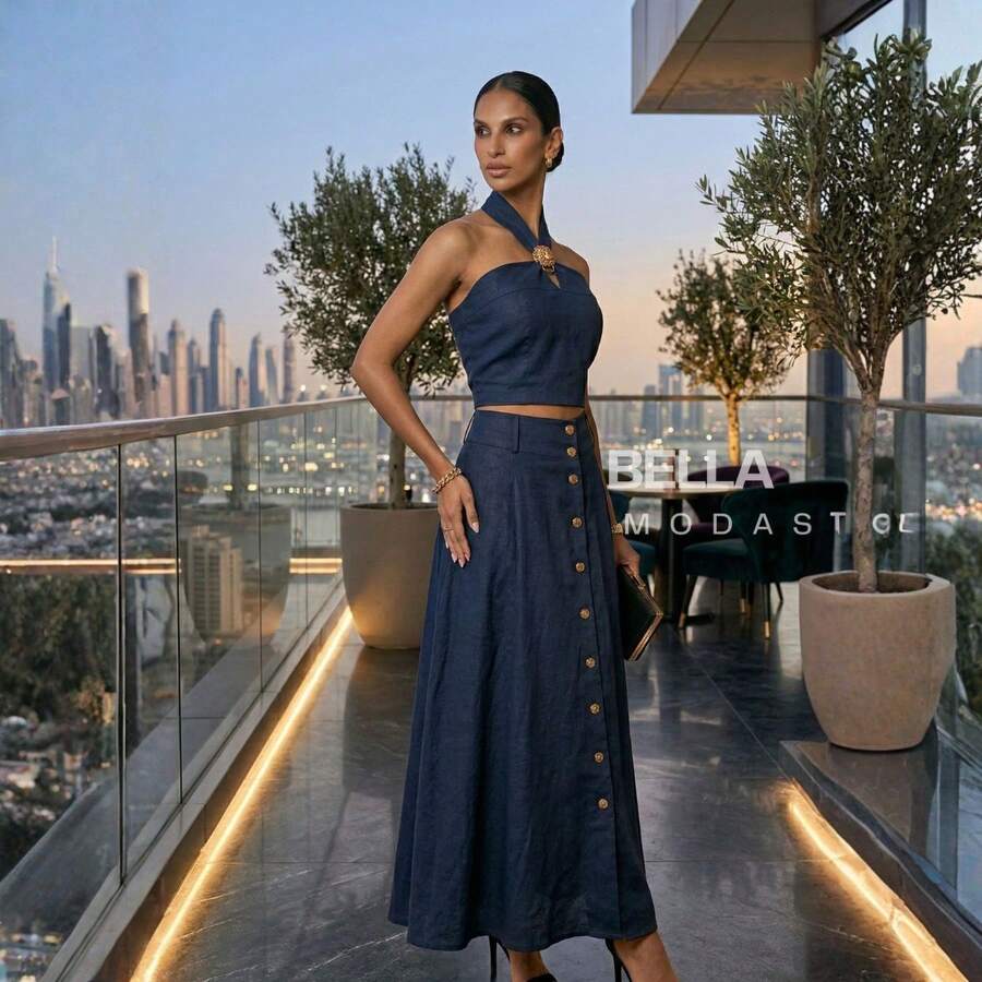 Women's Set: Long Skirt And Cropped Top With Functional Gold Buttons - Azul - Ver 1